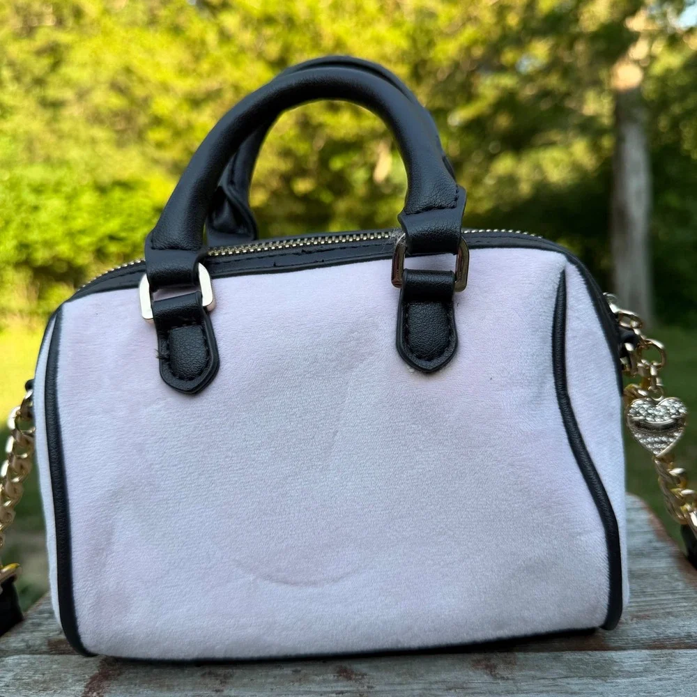 Juicy Couture Velour Barrel Bag Y2K McBling Satchel Small Pink Logo Chain